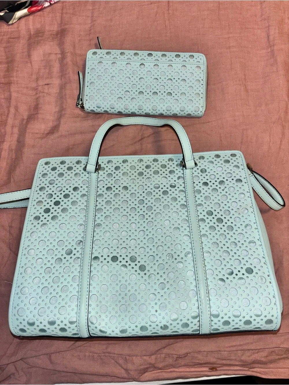 kate spade mint perforated tote with matching zip wallet
